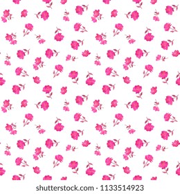 Tiny pink rose flowers isolated on white background. Seamless ditsy floral pattern in vector. Country style.