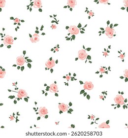 Tiny pink roses on a white background, a small floral pattern in a vintage style. tiny flower seamless pattern vector illustration, doodle summer, kids and baby designs for print fabric.