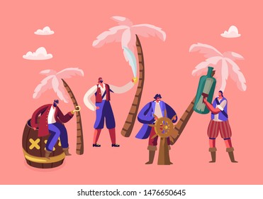 Tiny Pirates Characters Wearing Costumes on Island with Palm Trees. Adventure Fairy Tale Story Captain with Steering Wheel. Men with Sword, Bottle with Message. Cartoon Flat Vector Illustration