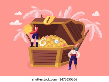 Tiny Pirates Characters Wearing Old Fashioned Costumes Stand near Huge Chest with Treasures Holding Golden Coins. Man with Leg Prosthesis and Parrot on Shoulder. Cartoon Flat Vector Illustration