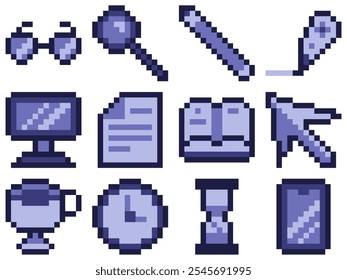 Tiny Pixel Art Icon Set of Office Objects in Purple Hue