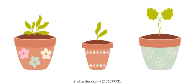 Tiny plants in a flower pots doodle collection. Hand drawn vector illustration isolated on white background.