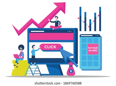 Tiny poeple concept for pay per click advertising, sponsored listing, paid search marketing. Vector illustration