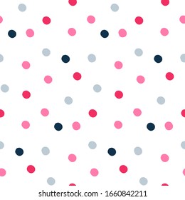 Tiny polka dot seamless pattern with navy, fuchsia and pink spots on a white background for baby girl and kids textile, pajama or bedding  fabric.