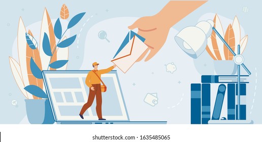 Tiny Postman Standing on Big Laptop Delivering Mail Letter. Huge Human Hand Taking Envelop. Messaging Application for Digital Devices. Correspondence Shipment and Transportation. Delivery Service