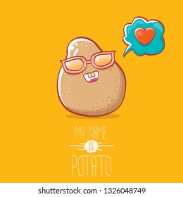 tiny potato cartoon character with sunglasses isolated on orange background. My name is potato vector concept illustration. funky summer vegetable food character