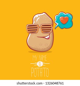 tiny potato cartoon character with sunglasses isolated on orange background. My name is potato vector concept illustration. funky summer vegetable food character