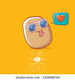 tiny potato cartoon character with sunglasses isolated on orange background. My name is potato vector concept illustration. funky summer vegetable food character