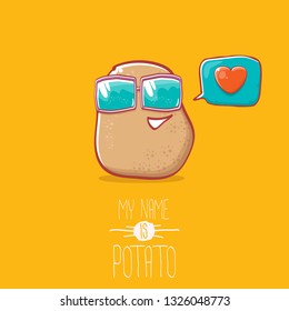 tiny potato cartoon character with sunglasses isolated on orange background. My name is potato vector concept illustration. funky summer vegetable food character