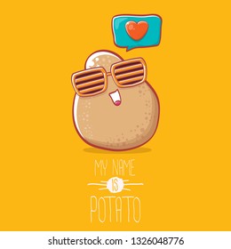tiny potato cartoon character with sunglasses isolated on orange background. My name is potato vector concept illustration. funky summer vegetable food character
