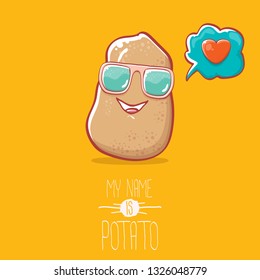 tiny potato cartoon character with sunglasses isolated on orange background. My name is potato vector concept illustration. funky summer vegetable food character