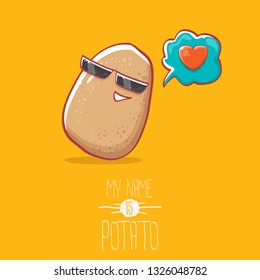 tiny potato cartoon character with sunglasses isolated on orange background. My name is potato vector concept illustration. funky summer vegetable food character