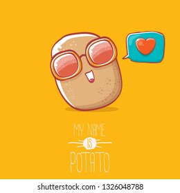 tiny potato cartoon character with sunglasses isolated on orange background. My name is potato vector concept illustration. funky summer vegetable food character