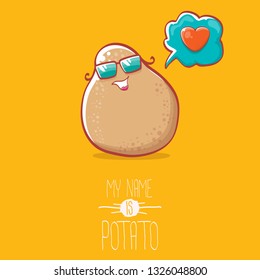 tiny potato cartoon character with sunglasses isolated on orange background. My name is potato vector concept illustration. funky summer vegetable food character