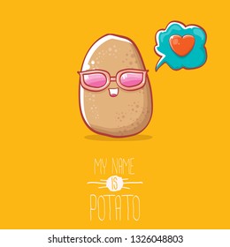 tiny potato cartoon character with sunglasses isolated on orange background. My name is potato vector concept illustration. funky summer vegetable food character