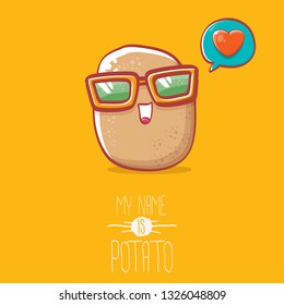 tiny potato cartoon character with sunglasses isolated on orange background. My name is potato vector concept illustration. funky summer vegetable food character
