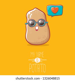 tiny potato cartoon character with sunglasses isolated on orange background. My name is potato vector concept illustration. funky summer vegetable food character