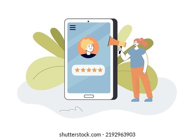 Tiny PR manager with megaphone advertising blogger. Profile of man with five star review on phone screen flat vector illustration. Marketing, SMM concept for banner, website design or landing web