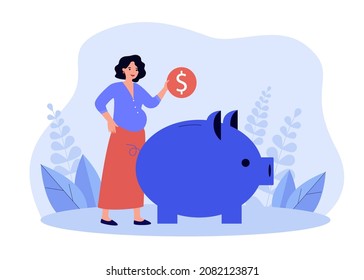 Tiny pregnant woman standing near piggy bank with dollar coin in hand. Future mother saving money for baby flat vector illustration. Family budget concept for banner, website design, landing web page