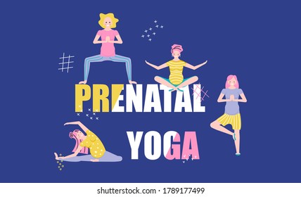 Tiny pregnant women doing asanas on huge note Prenatal yoga. Expecting girl exercising horizontal banner. Pregnancy health concept. Flat Art Vector Illustration