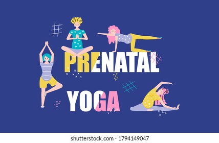 Tiny pregnant women doing asanas on huge note Prenatal yoga. Expecting girl exercising horizontal banner. Pregnancy health concept. Flat Art Vector Illustration