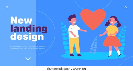 Tiny preschool kids standing near big heart. Romantic relationship of cute girl and boy flat vector illustration. Platonic love, friendship concept for banner, website design or landing web page