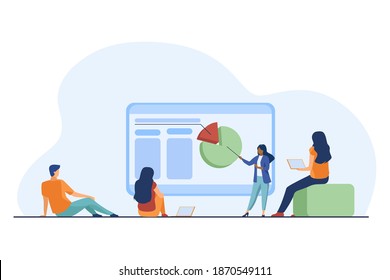 Tiny presenter explaining statistics to colleagues. Chart, laptop, coach flat vector illustration. Marketing and business concept for banner, website design or landing web page