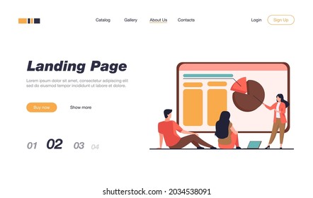 Tiny presenter explaining statistics to colleagues. Chart, laptop, coach flat vector illustration. Marketing and business concept for banner, website design or landing web page