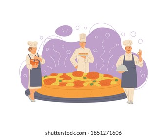 Tiny professional chefs with huge delicious pizza. Italian cooks prepare food in a pizzeria. Flat cartoon isolated vector illustration
