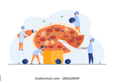 Tiny professional cooks preparing tasty pizza isolated flat vector illustration. Cartoon character taking piece of huge pizza. Chiefs putting cheese, ketchup and olives. Fast food and bistro concept