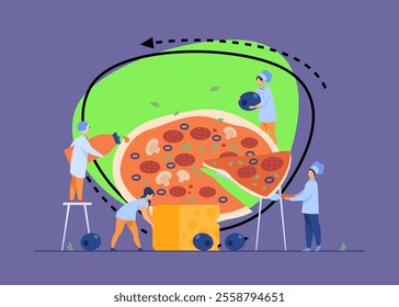 Tiny professional cooks preparing tasty pizza isolated flat vector illustration. Cartoon character taking piece of huge pizza. Chiefs putting cheese, ketchup and olives. Fast food and bistro concept