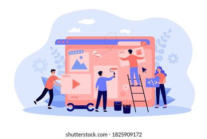 Tiny professionals working on website or blog design. People constructing and painting webpage. Flat vector illustration for digital marketing, web design, designers job concept