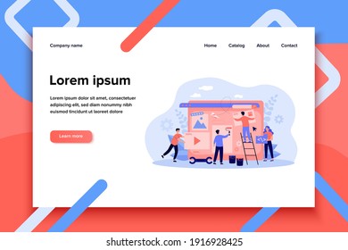 Tiny professionals working on website or blog design. People constructing and painting webpage. Flat vector illustration for digital marketing, web design, designers job concept