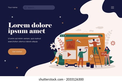 Tiny professionals working on website or blog design. People constructing and painting webpage. Flat vector illustration for digital marketing, web design, designers job concept