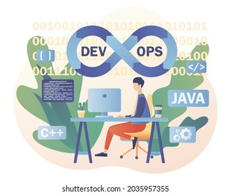 Tiny programmer practice of development and software operations. DevOps process. Software engineering culture. Modern flat cartoon style. Vector illustration on white background