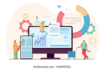 Tiny programmers in analysis process of data. Flat vector illustration. Software people working on codes, settings, diagrams and giant gadgets. Technology industry, software analysis, research concept