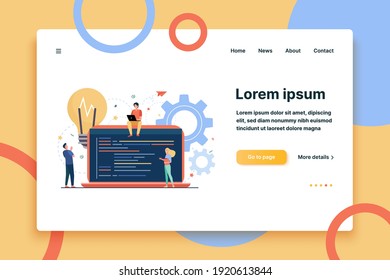 Tiny programmers coding new project isolated flat vector illustration. Cartoon coders, developers and computer engineers sitting on big laptop with script. Software and digital technology concept