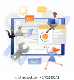 Tiny programmers with laptops around big tablet PC. Vector metaphor of software development.