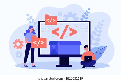 Tiny programmers programming website for internet platform flat vector illustration. Cartoon developers creating open code or script. Software development and digital technology concept