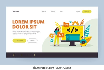 Tiny programmers programming website for internet platform flat vector illustration. Cartoon developers creating open code or script. Software development and digital technology concept