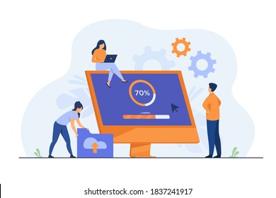 Tiny Programmers Upgrading Operation System Of Computer Isolated Flat Vector Illustration. Cartoon IT Specialists Updating Software, Programs And Applications. Technical Error And Service Concept