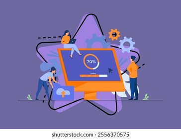 Tiny programmers upgrading operation system of computer isolated flat vector illustration. Cartoon IT specialists updating software, programs and applications. Technical error and service concept
