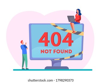 Tiny programmers working with system error. Computer, monitor, internet flat vector illustration. Programming, IT and digital technology concept for banner, website design or landing web page