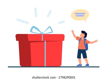 Kleine Schüler stehen in der Nähe einer riesigen Geschenkbox. Gegenwart, Überraschung, Junge flache Vektorgrafik. Geburtstag- und Urlaubskonzept für Banner, Website-Design oder Landing-Webseite