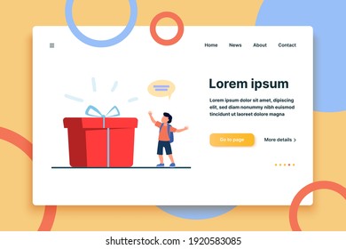 Tiny pupil standing near huge gift box. Present, surprise, boy flat vector illustration. Birthday and holiday concept for banner, website design or landing web page