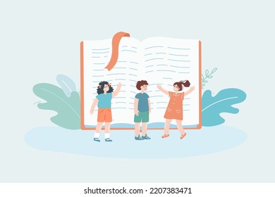 Tiny Pupils Reading Huge Book Flat Vector Illustration. Male And Female Children Studying Together. Back To School, Education, Friendship Concept For Banner, Website Design Or Landing Web Page