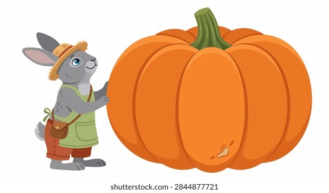 Tiny Rabbit Exploring an Enormous Orange Pumpkin