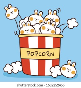 Tiny rabbit popcorn cartoon. Cartoon animal character design. Popcorn hand drawn background. Baby bunny doodle. Vector. Illustration.