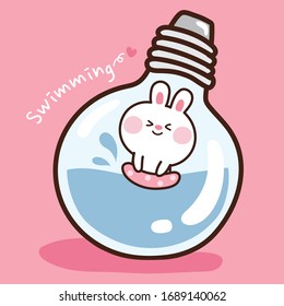 Tiny rabbit swimming in light bulb hand drawn. Cartoon doodle. Bunny smiling with rubber ring in summer. kawaii style. Vector. Illustration.