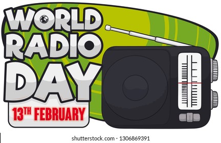 Tiny radio tuning a station next to greeting sign and label with the date like "on air" sign, to celebrate World Radio Day in February 13.